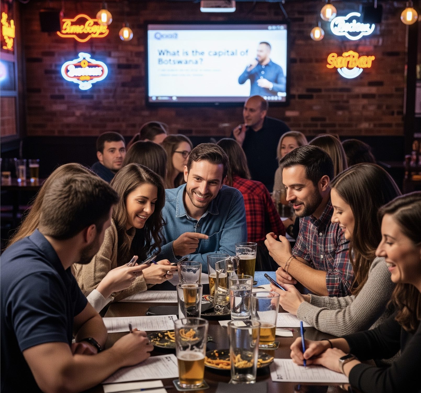 An image of a group of people playing bar trivia.