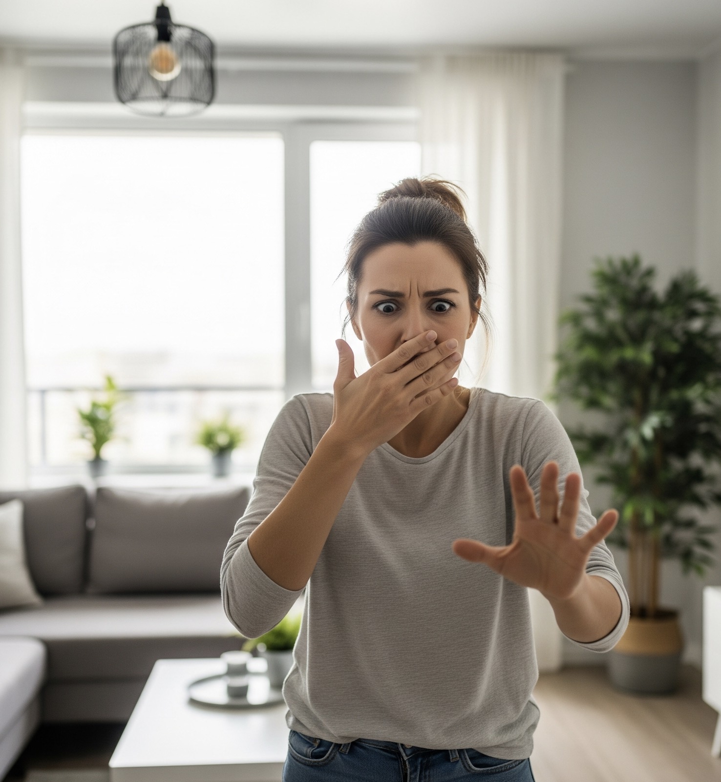 An image of a woman who smells a foul odor.