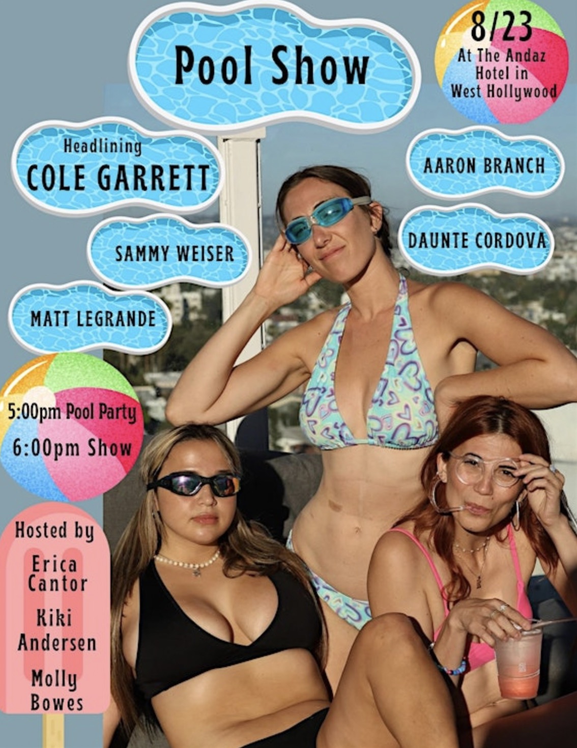 An image of the flyer for Rooftop Comedy Pool Show at the Andaz West Hollywood.