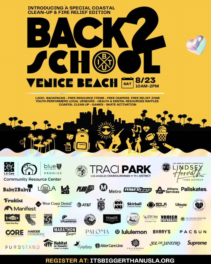An image of the flyer for the It's Bigger Than Us 6th Annual Back 2 School Festival at Venice Beach.