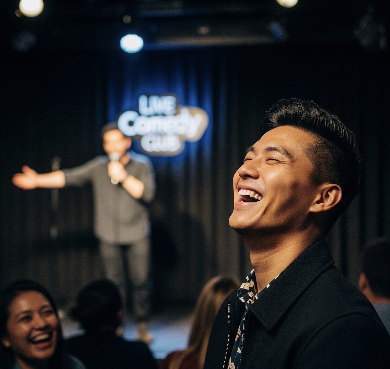 An image of a man laughing at a comedy show.