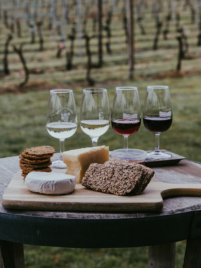 An image of a table with 4 glasses of wines and a plate of cheeses.