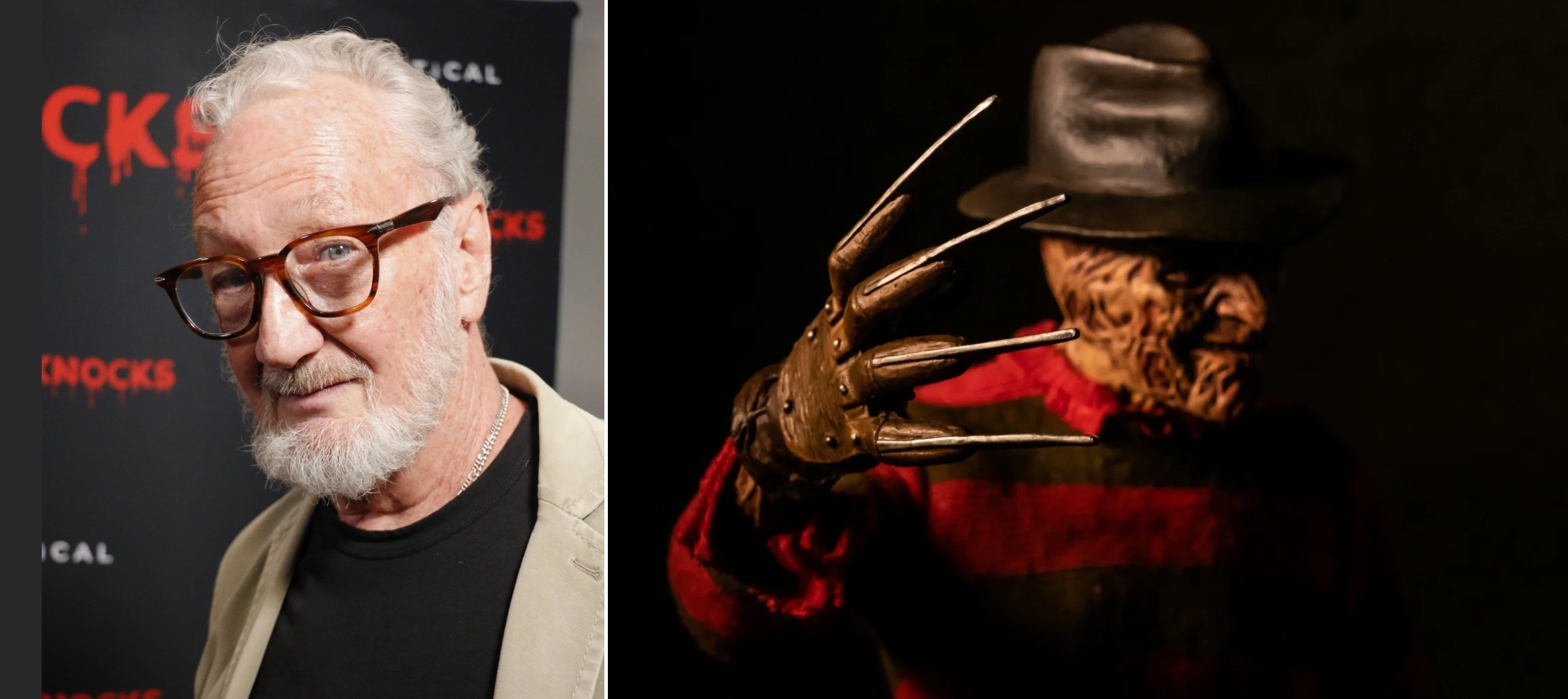 An image of two images - Robert Englund dressed as Freddy Krueger.
