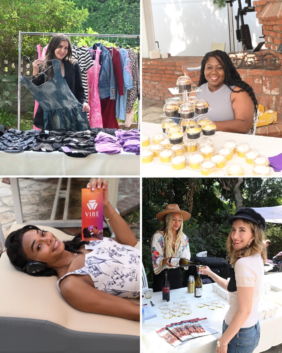 A collage of 4 images: wellness activation, wine tasting, cupcakes, and clothing.