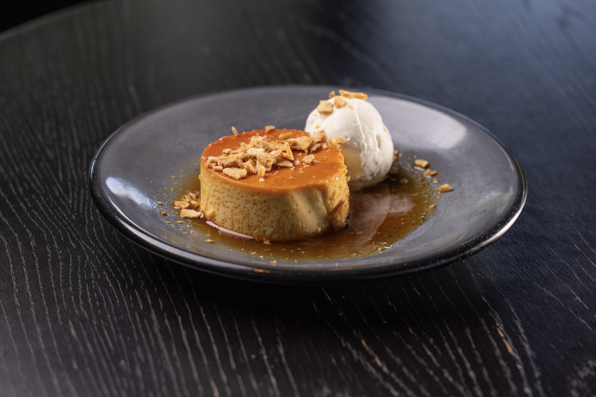 An image of flan from La Popular at Ovation Hollywood.