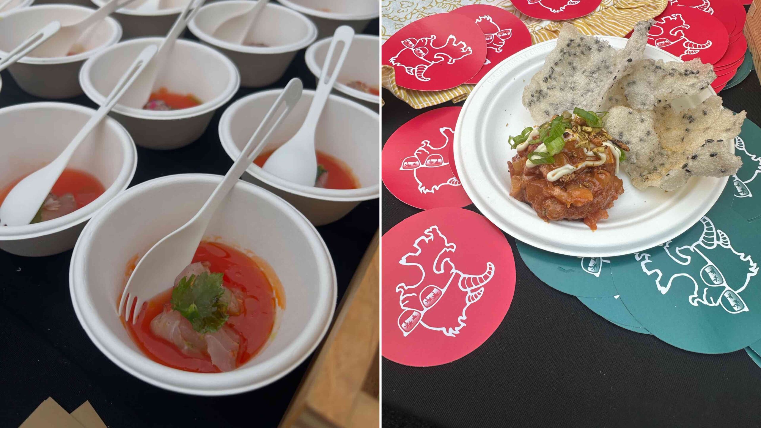 An image with two images: Uchi West Hollywood (l) absolutely stole the show with the most flavorful, melt-in-your-mouth sashimi I've ever experienced. Chef Stephanie Izard's Girl and the Goat (r), was a close second with an absolutely divine Ahi Tuna preparation.