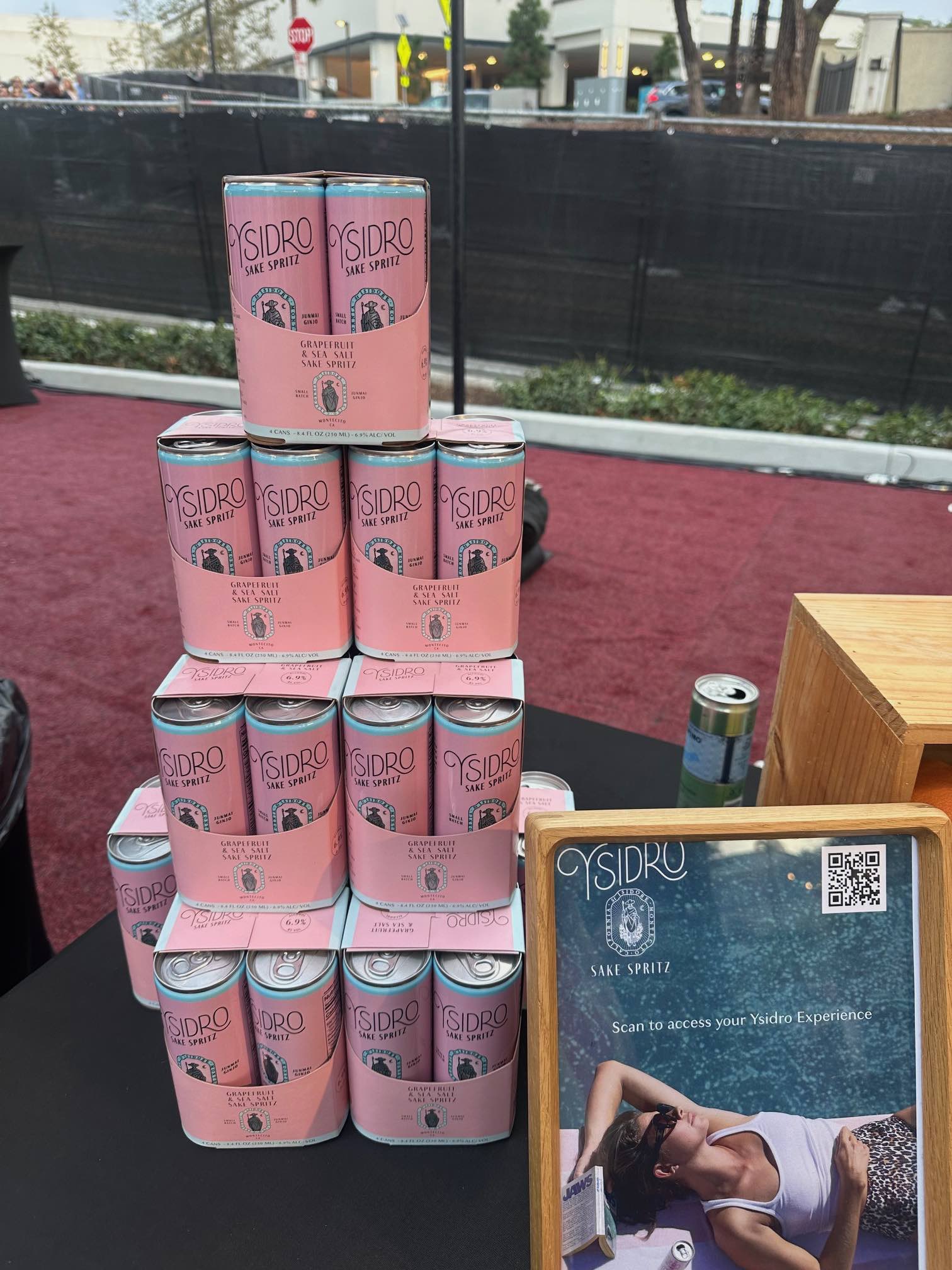 An image of a display of Ysidro sparkling Sake.