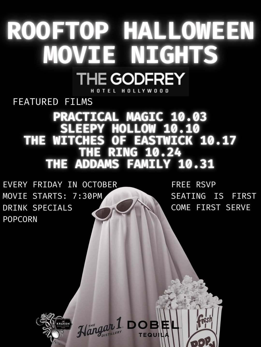 An image of the flyer for the Godfrey's weekly halloween movies.