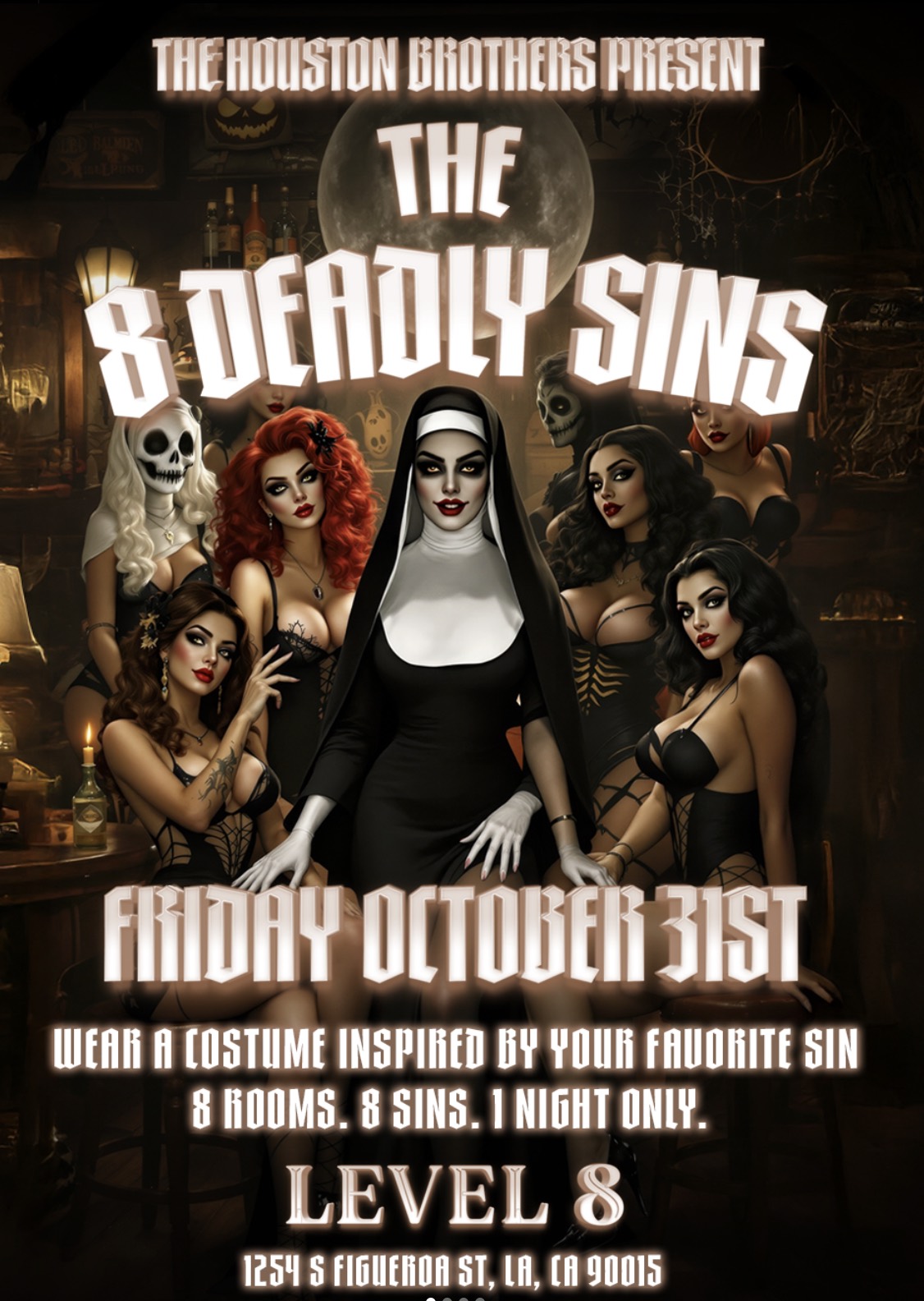 An image of the flyer for Level 8's 8 Deadly Sins Halloween party.