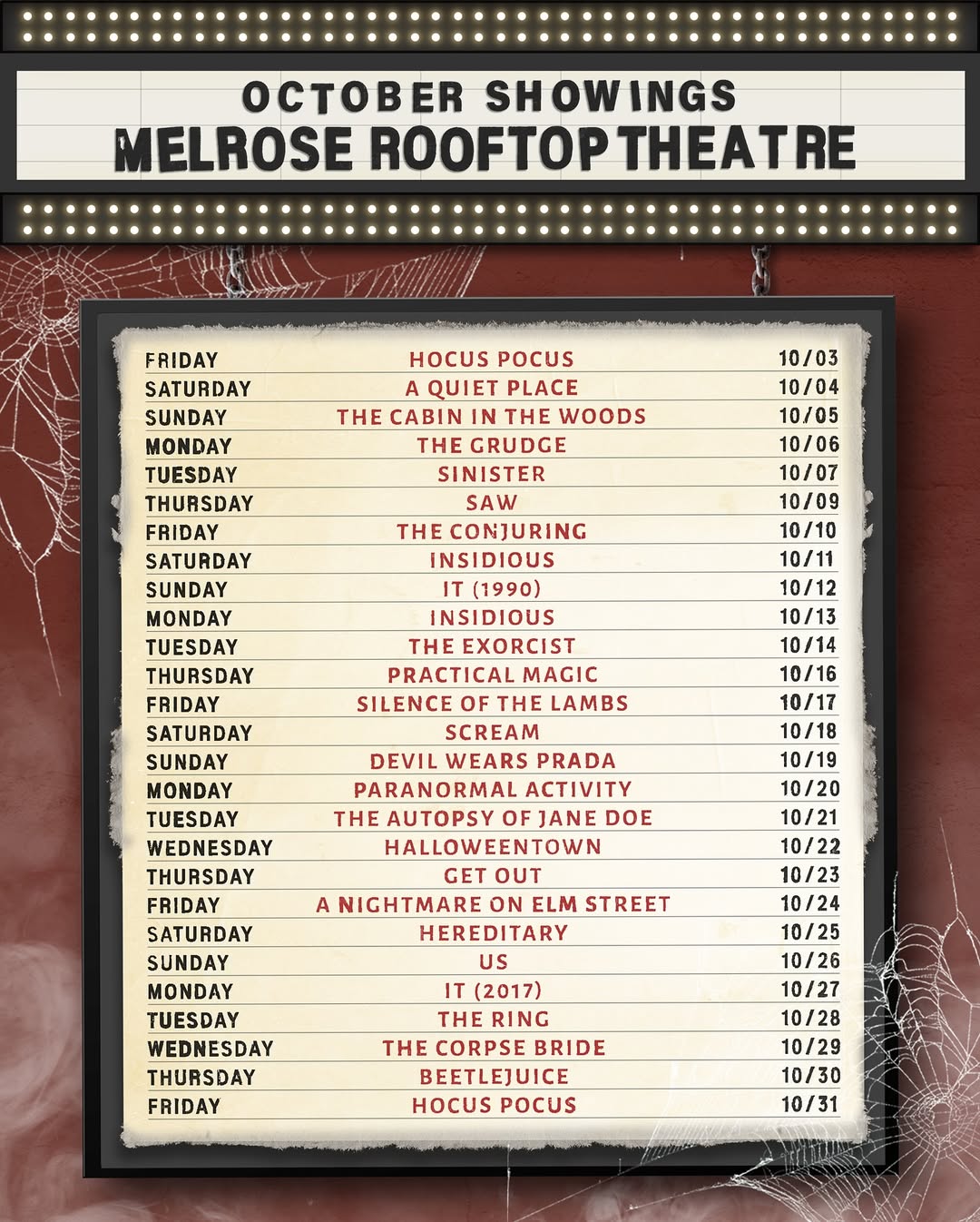 An image of the spooky season movies at Melrose Rooftop Theatre.