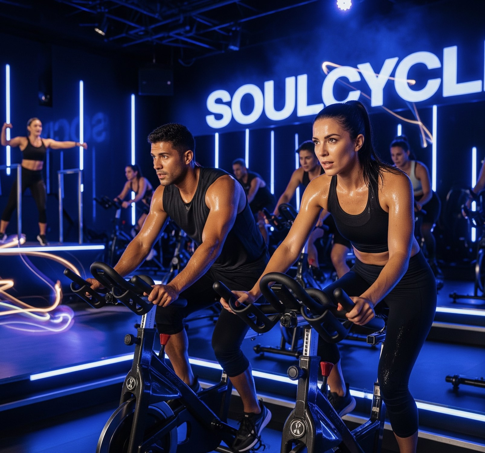 An image of people in a SoulCycle class.