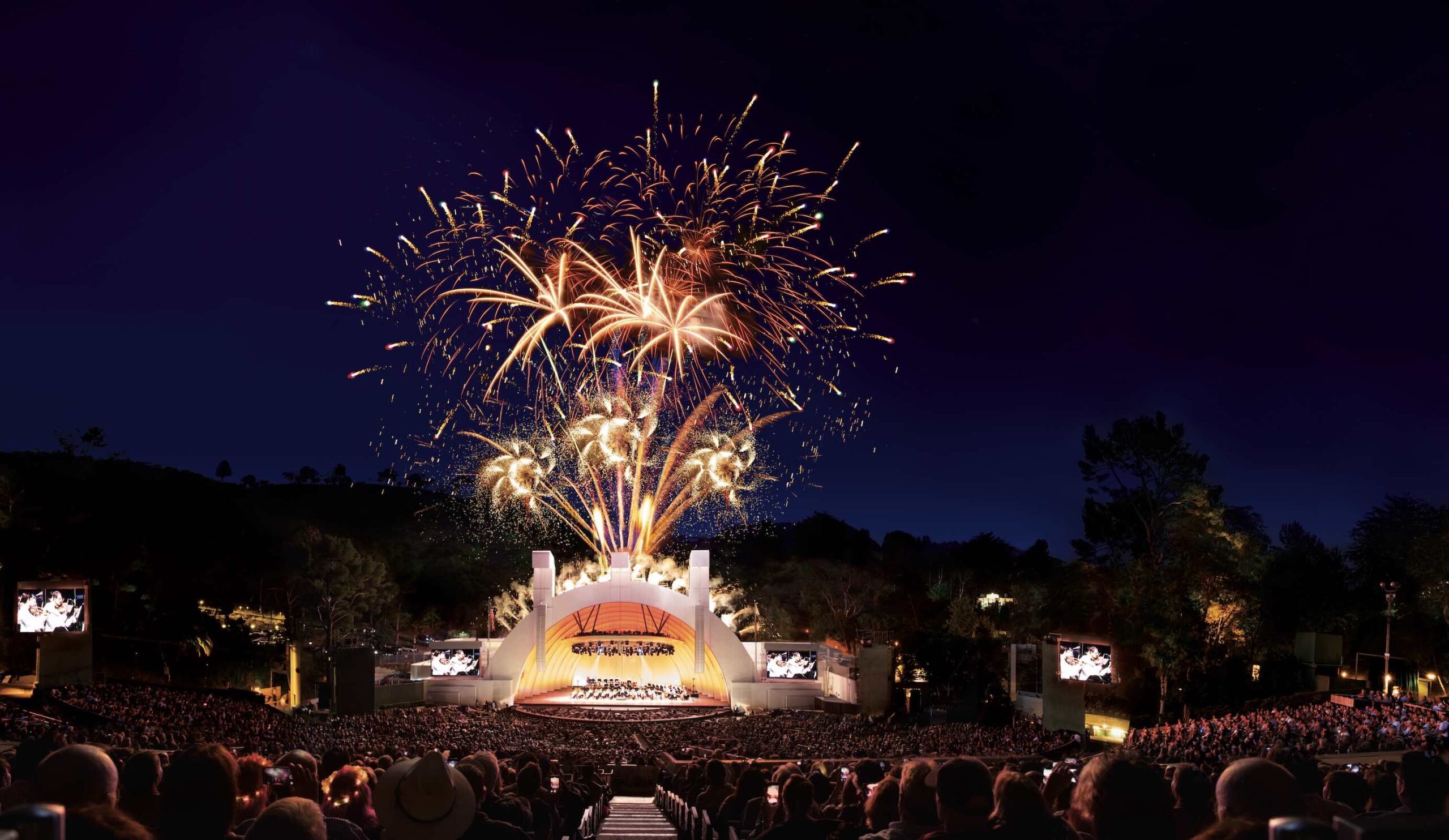 An image of fireworks going off at the Hollywood Bowl.