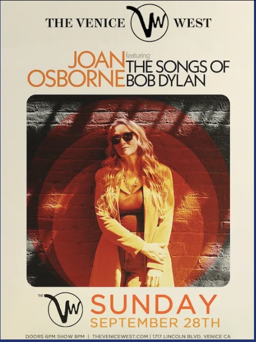 An image of a flyer for Joan Osborne singing the music of Bob Dylan.