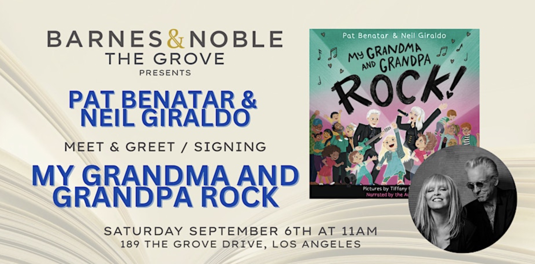 An image of the flyer for Pat Benatar, and husband Neil Giraldo's new children's book My Grandma and Grandpa Rock! 