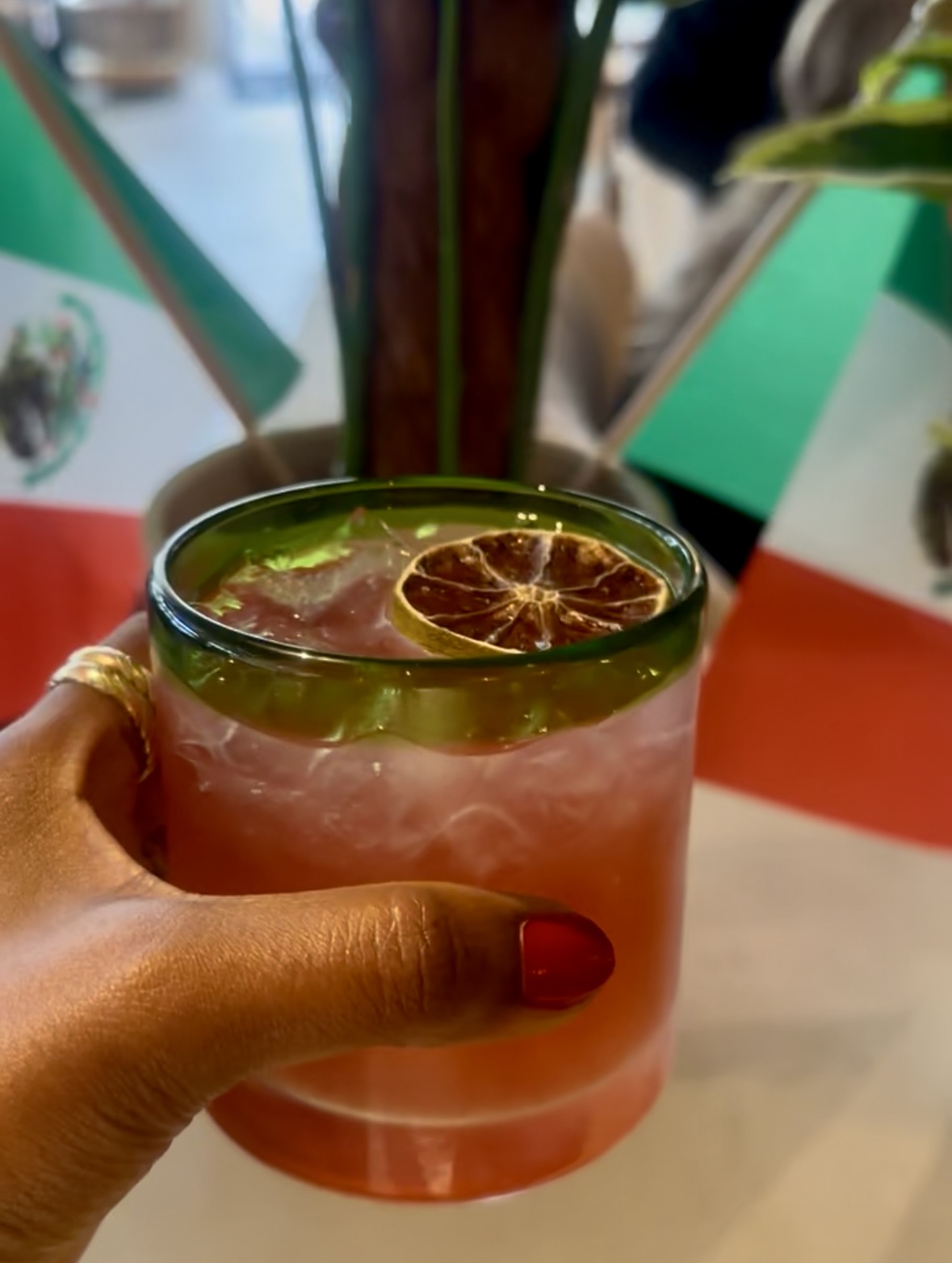 An image of the Pomegranate Honey Margarita at La Nena Cantina.