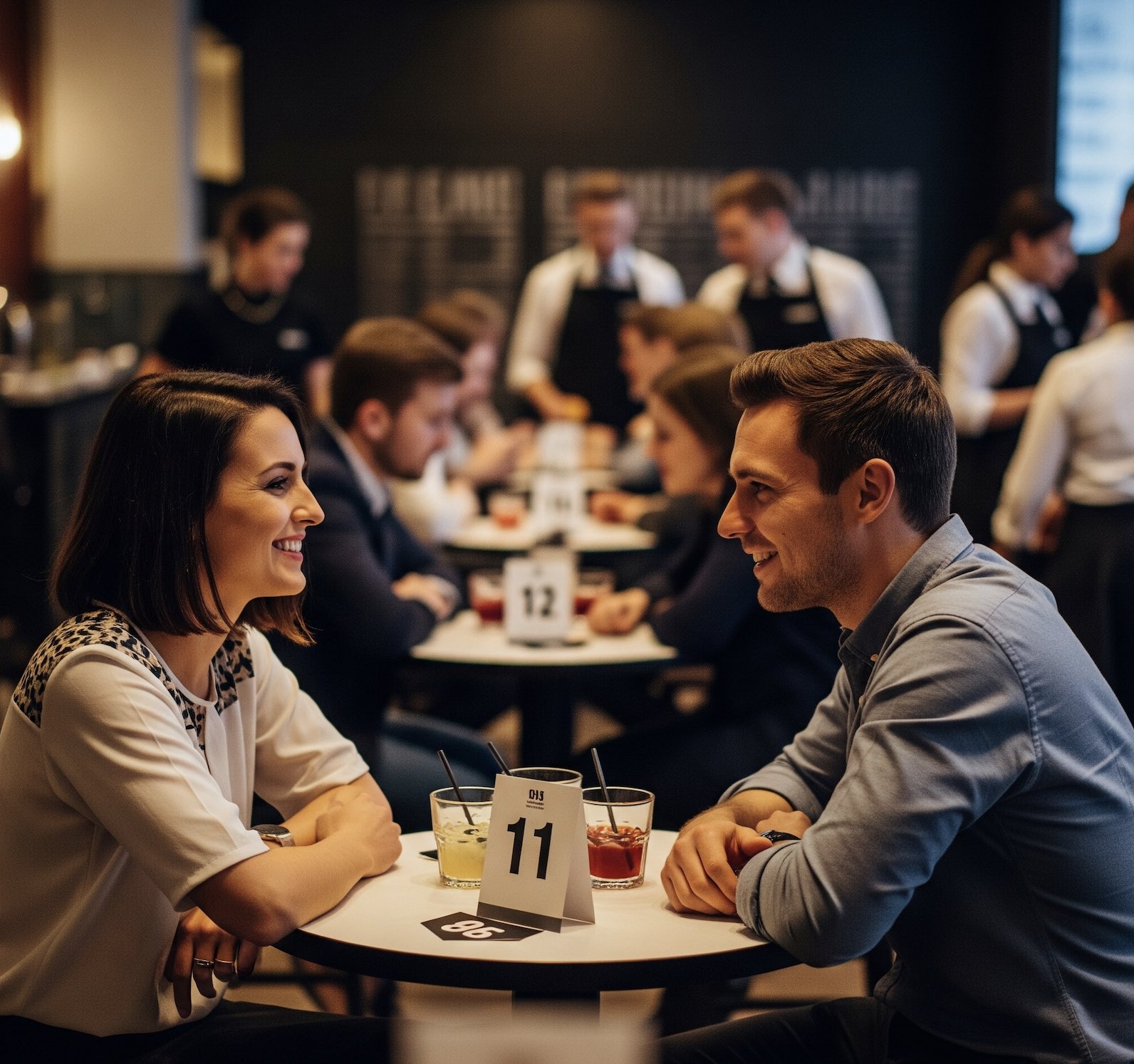 An image of a man and woman at a speed dating event.