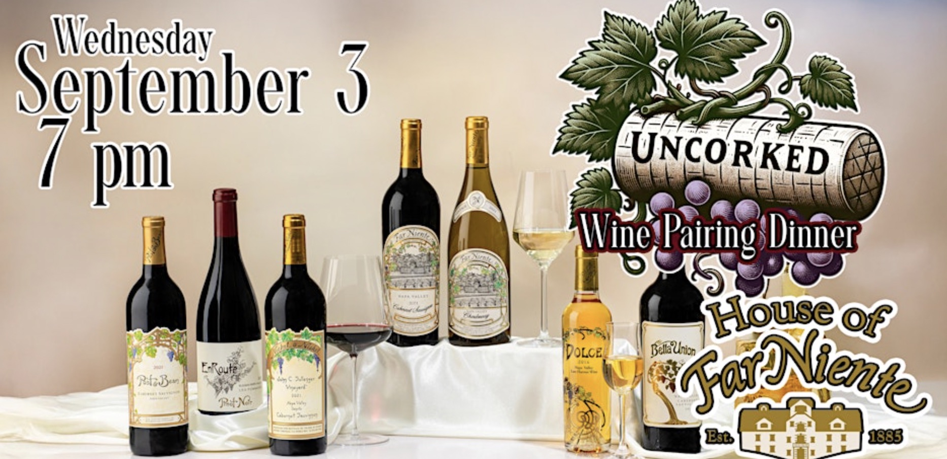 An image of the flyer for the Uncorked 5-Course Wine Pairing Dinner Featuring Far Niente.