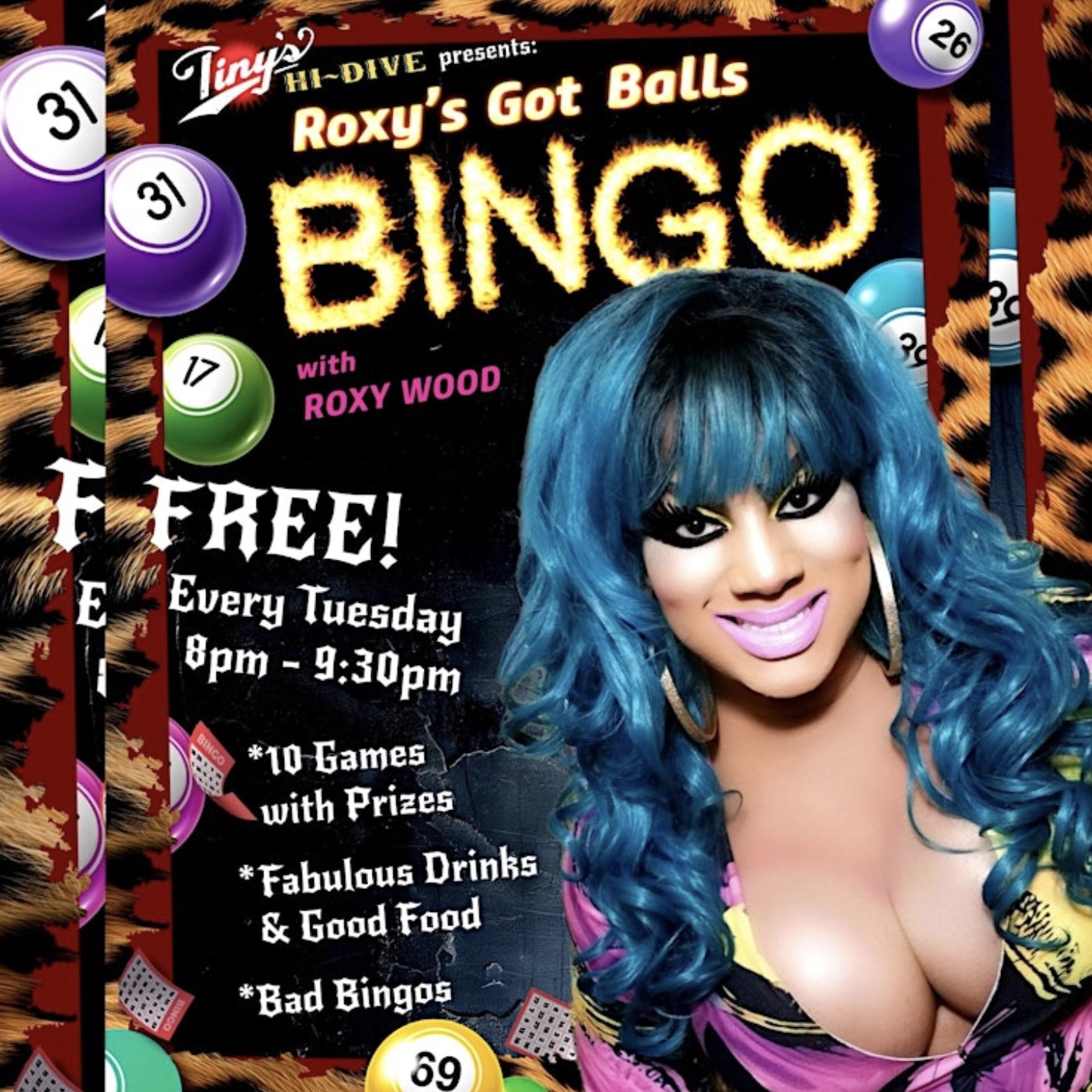 An image of the flyer for Roxy's Got Balls drag bingo show.