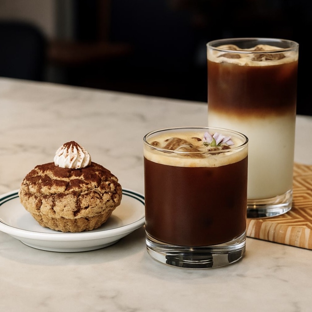 An image of the Cloud Espresso and the Shaken Espresso and an Espresso Choux pastry from Oh La La.