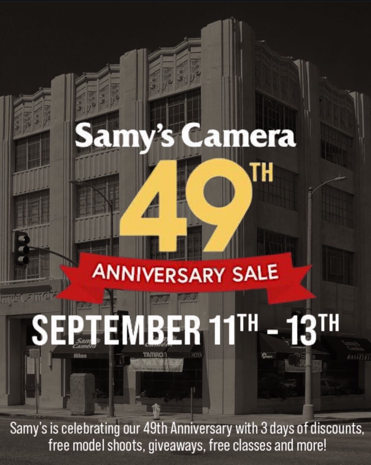 An image of he flyer for Samy's Camera's 49th Anniversary celebration.