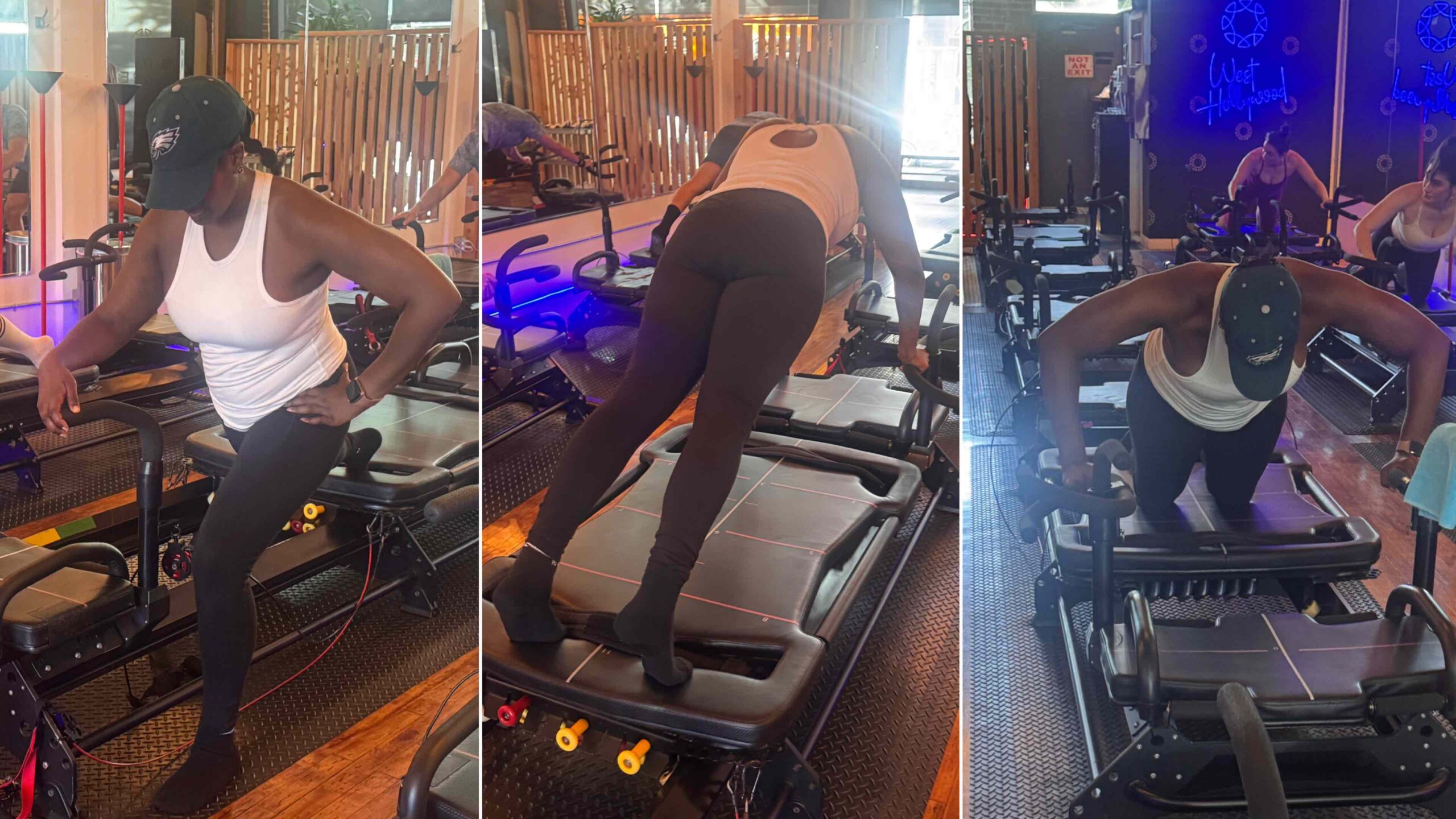 An image of three images of lifestyle blogger Ariel doing a Lagree Fitness class.