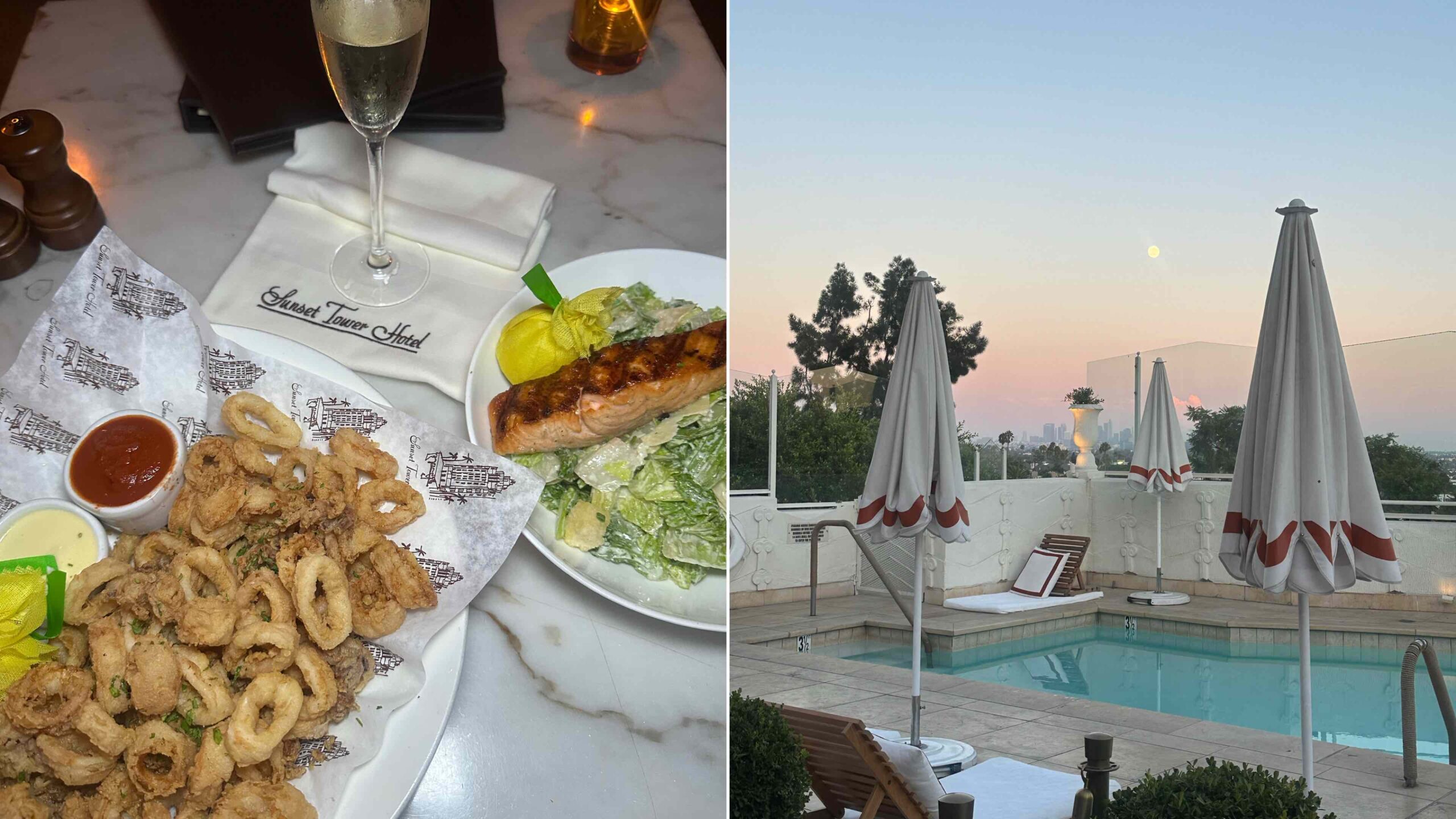 An image of the food from Sunset Tower and the sunset from the restaurant.