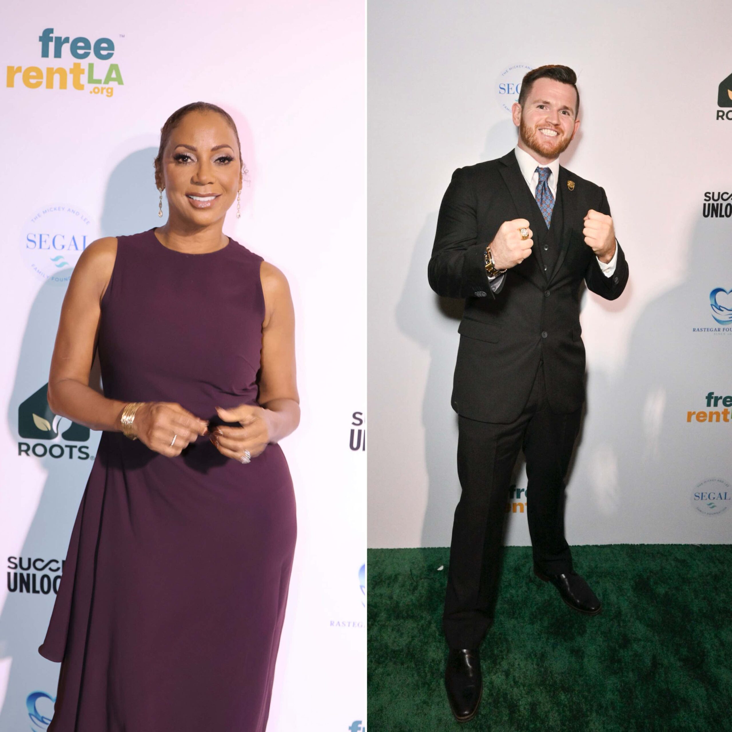 An image with two images: Holly Robinson Peete (l) and MMA Fighter Bear Fiorda attend FreeRent LA’s first gala at Waldorf Beverly Hills.