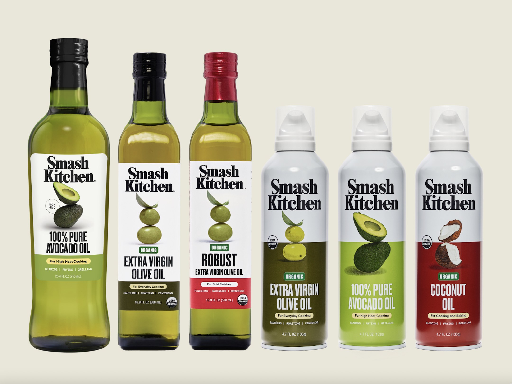 An image of the new Smash Kitchen cooking oils from actor Glen Powell. The flavors are: Coconut, Avocado, and Extra Virgin Olive Oil