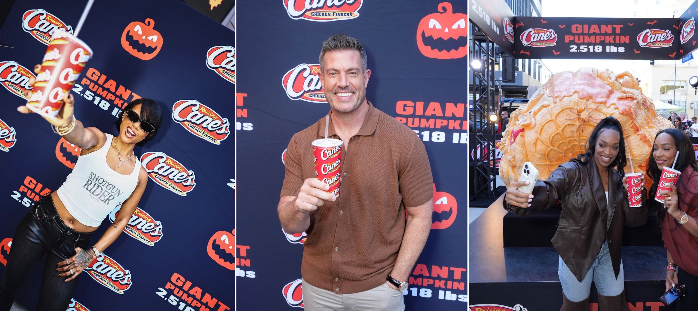 An image of 3 images: Karrueche Tran (l), Jesse Palmer (m), and Malika and Khadijah Haqq (r) at Raising Cane’s Giant Jack-O’-Lantern Unveiling on the Hollywood Walk of Fame in Los Angeles.