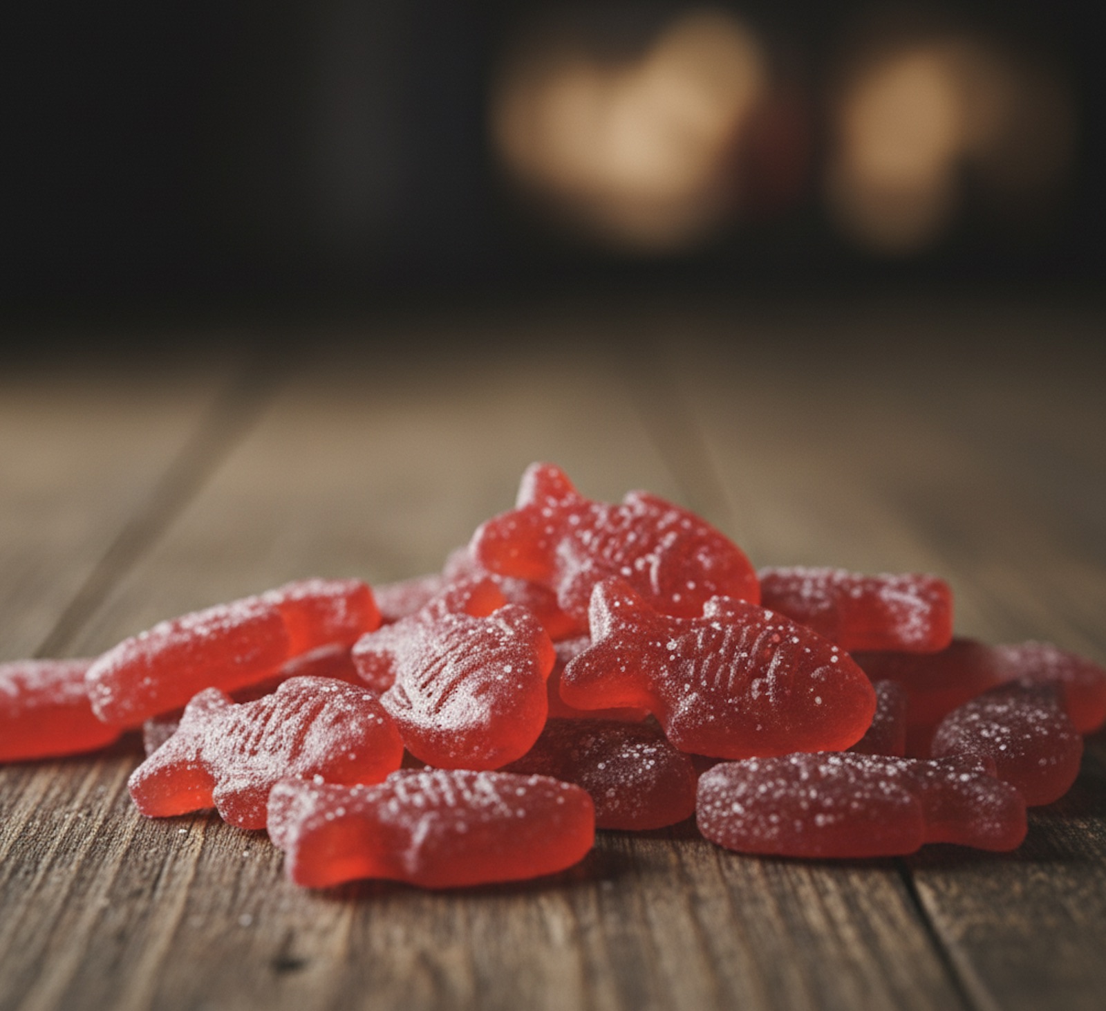An image of a table filled with Swedish Fish.