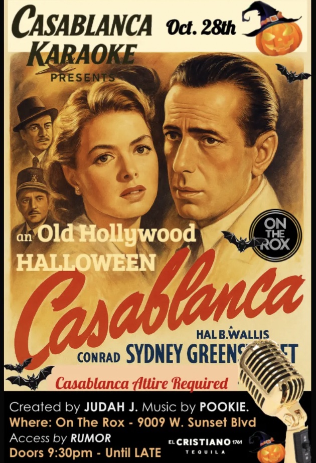 A flyer for the Casablanca Halloween presented by Casablanca Karaoke and Rumor. 