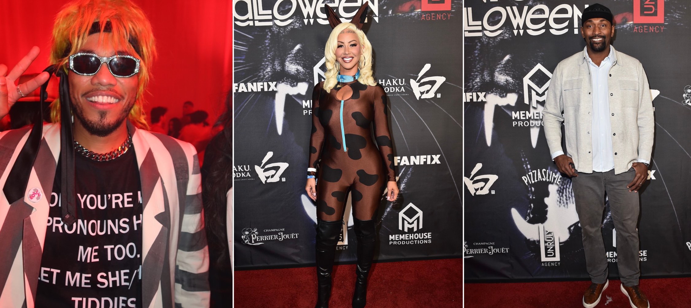 An image of three images: Anderson .Paak, Amber Rose, and Metta World Peace, arrive at the Unruly 6th Annual Halloween Party Hosted by Memehouse Productions at CBS Studios.