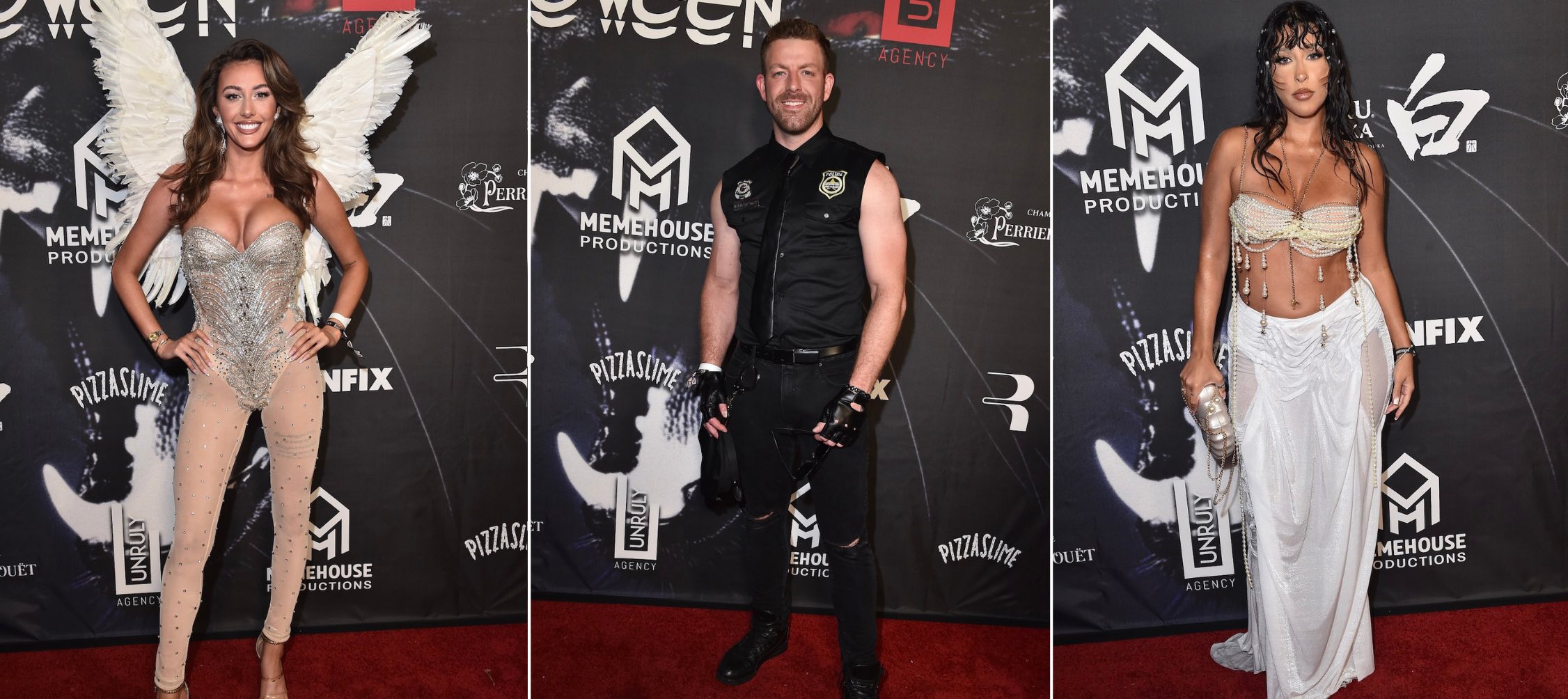 An image of three images: Chloe Veitch (Perfect Match/Too Hot To Handle), Damian Powers (Love is Blind), and Alara Taneri (Perfect Match) arrive at the Unruly 6th Annual Halloween Party.