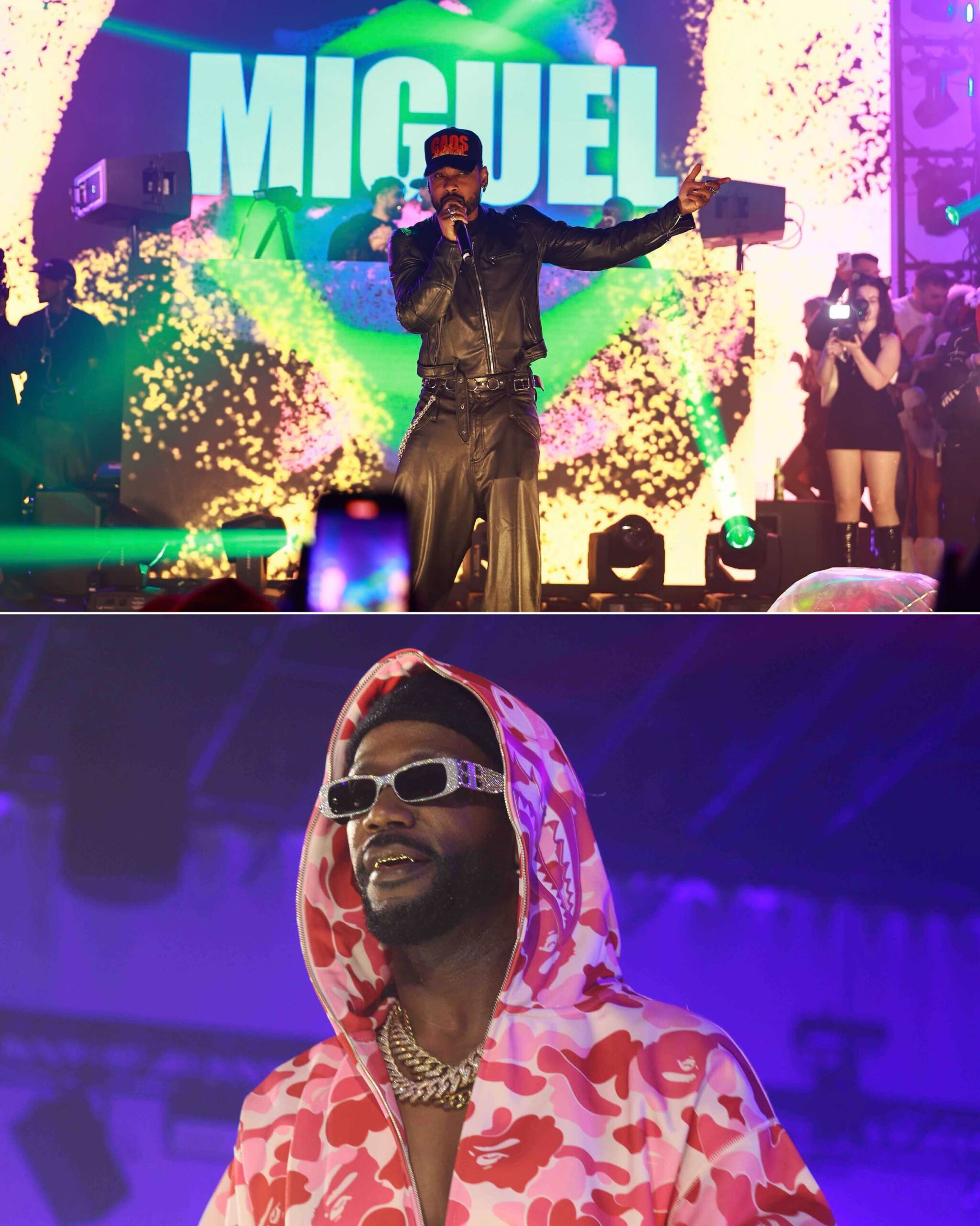 An image of two images: Miguel (top) and Juicy J (bottom).