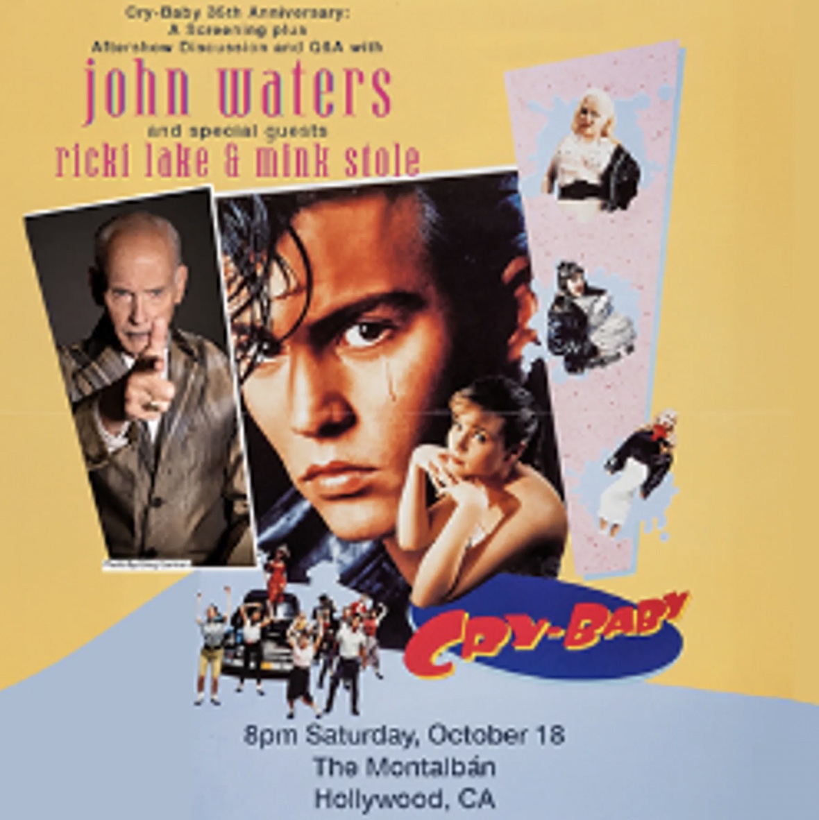 An image of the flyer for the Cry-Baby 35th Anniversary: A Screening and Q&A with John Waters and Ricki Lake