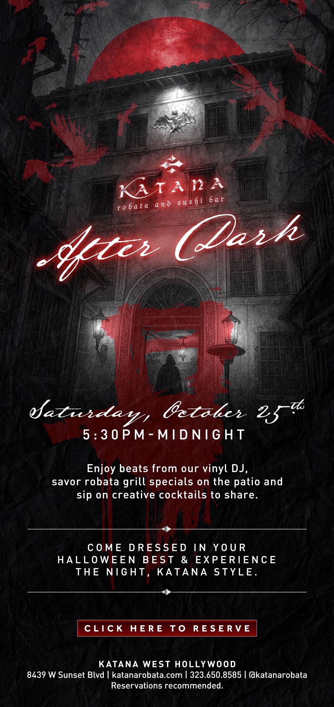 An image of the flyer for Katana's Halloween party.