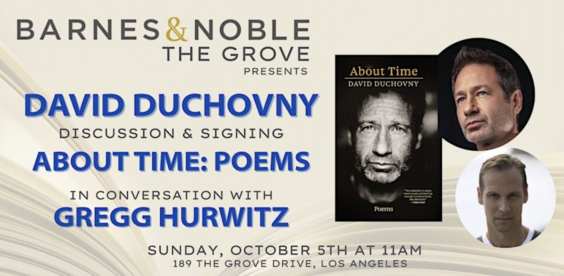 An image of the flyer for David Duchovny Discussion and Book Signing at Barnes & Noble at The Grove