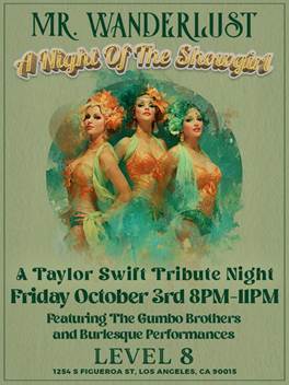 An image of the flyer for Mr. Wanderlust's A Night of the Showgirl Party: Taylor Swift Tribute Night.