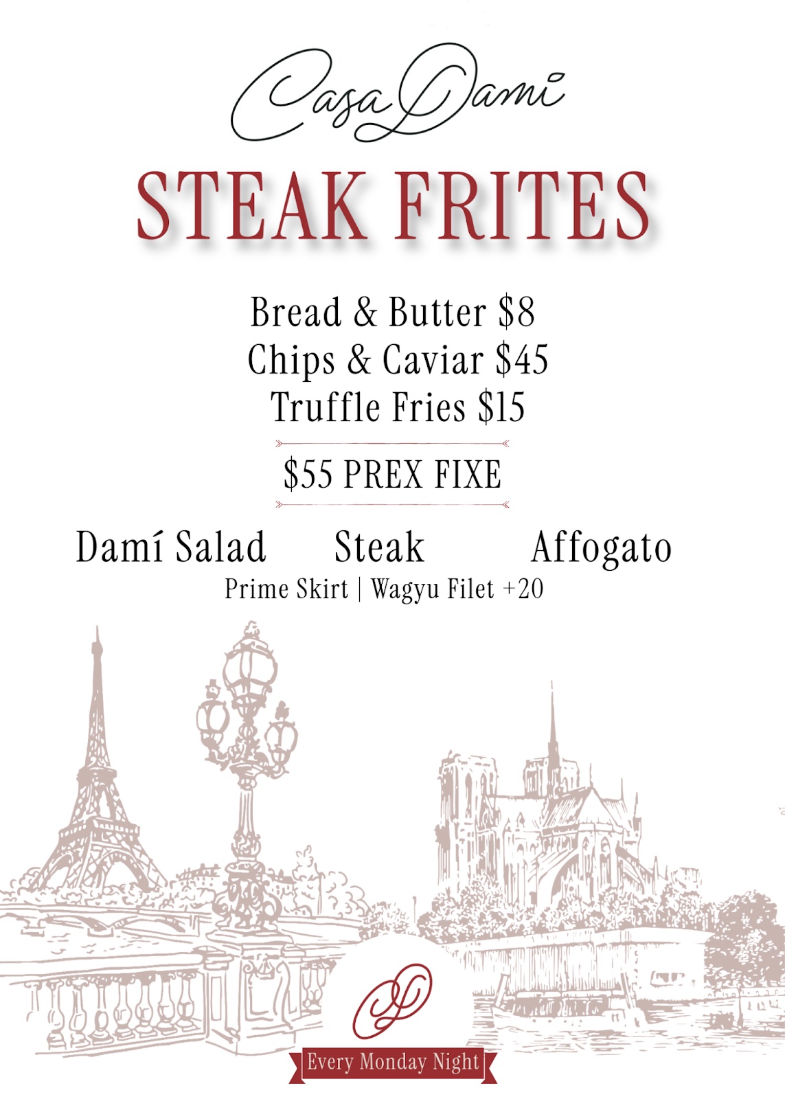 An image of the flyer for Newport Beach's CasaDami Serves Monday Steak Frites Night and New Lunch Menu