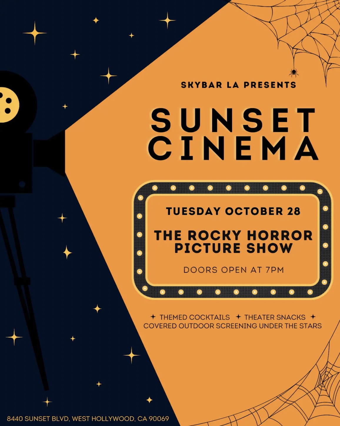 An image of the flyer for the Sunset Cinema: The Rocky Horror Picture Show FREE Screening at Skybar.