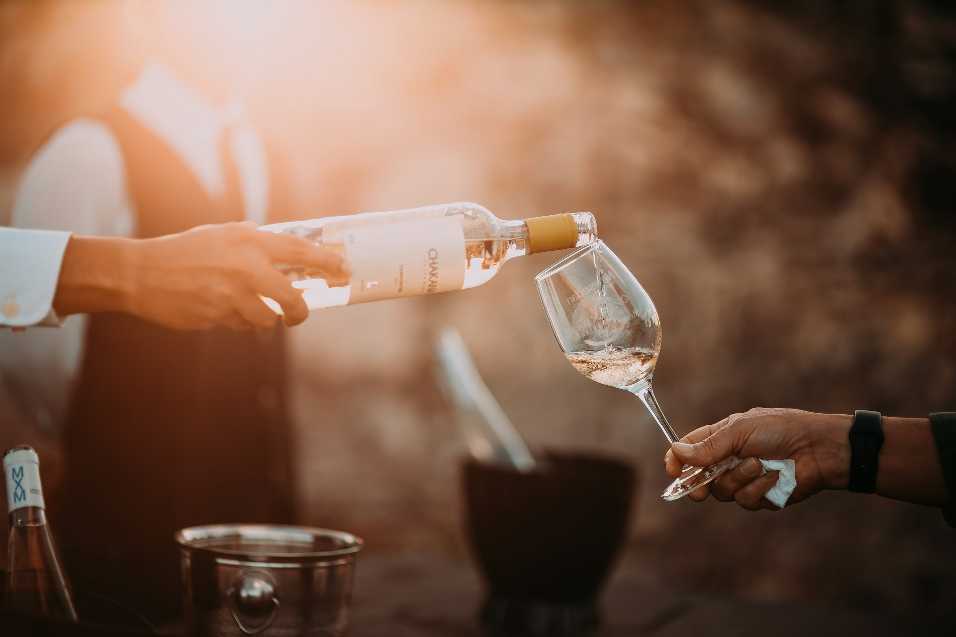 An image of someone pouring a glass of white wine.