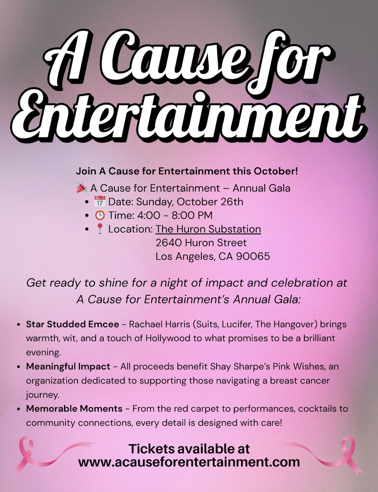 An image of the flyer for the A Cause for Entertainment will host its Annual Gala on Sunday, 10/26.