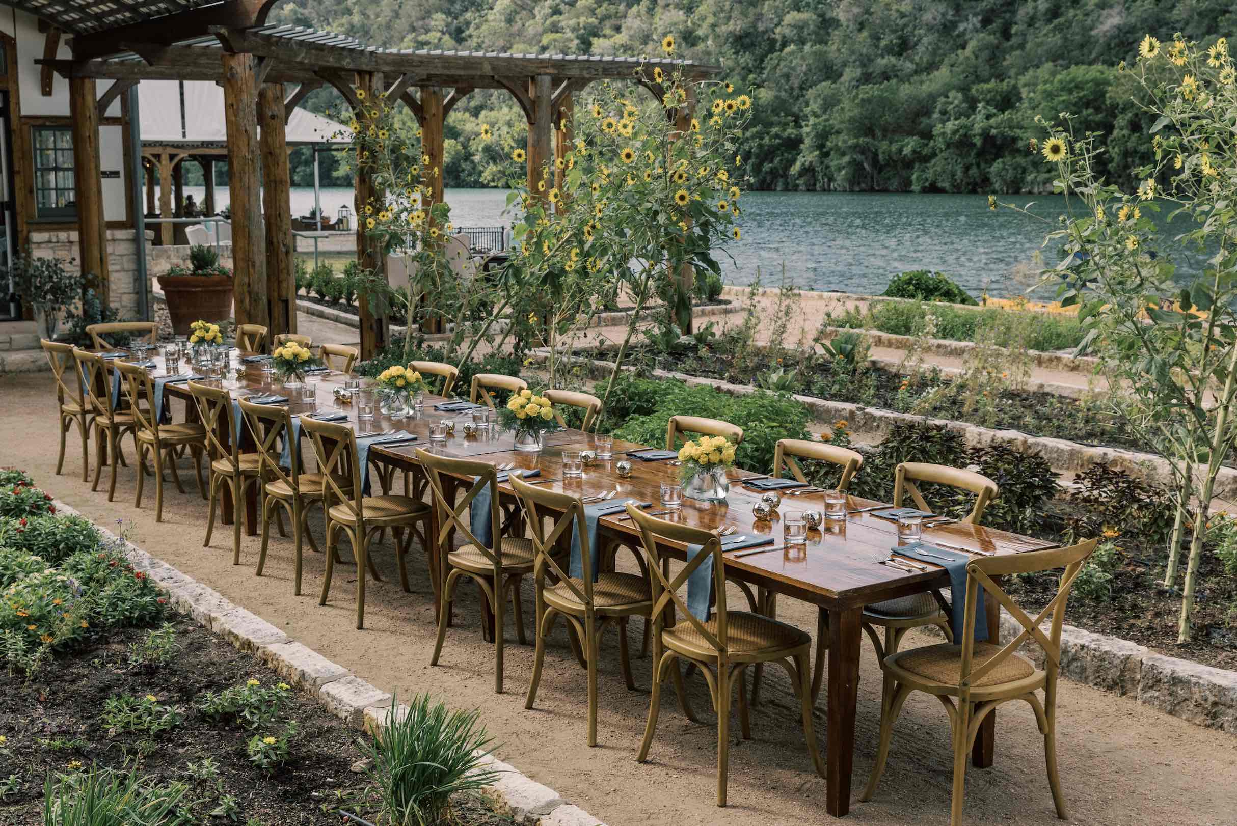 An image of a beautifule lakeside dinner at at EOS property in Austin.