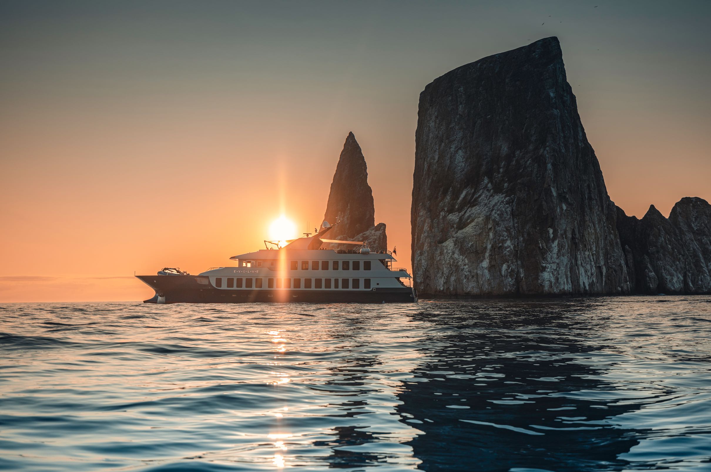An image of a mega yacht in the Galapagos.