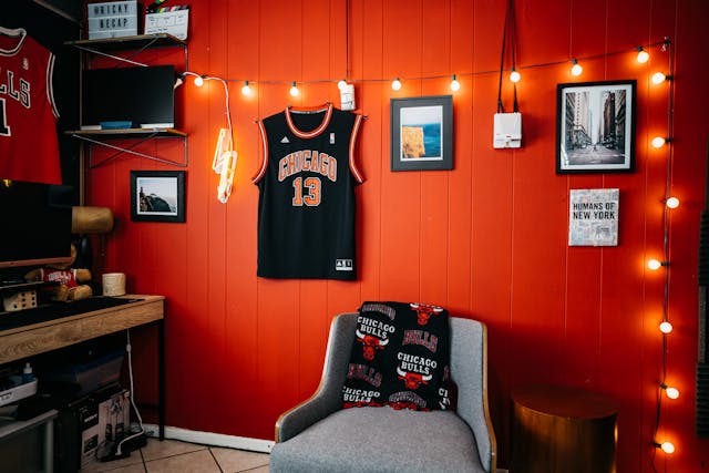 An image of a room filled with sports memorabilia.