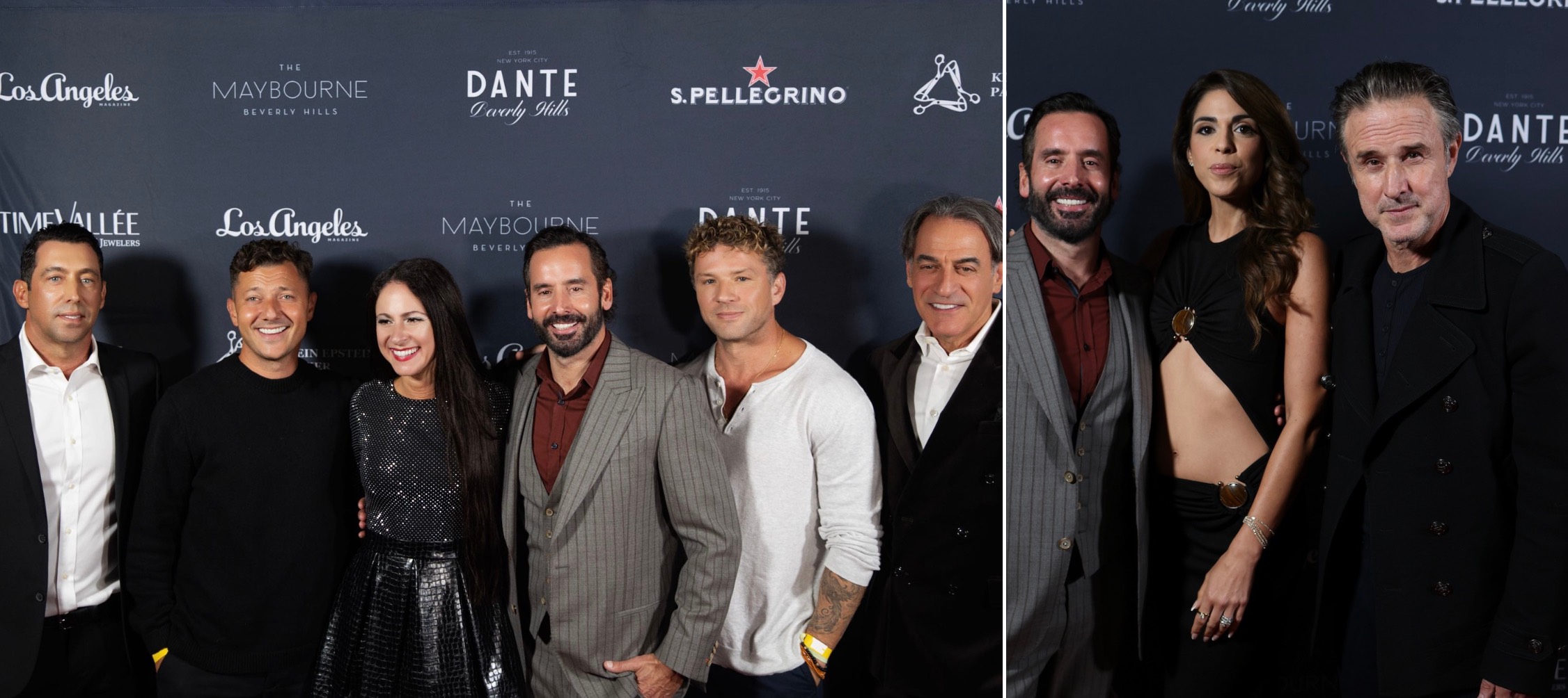 An image of (left photo) LA Magazine's editor Jasmin Rosemberg and publisher Chris Gialanella pose along side actor Ryan Phillippe, (right photo) LA Magazine's publisher Chris Gialanella takes a picture with Daniella Pick Tarantino and David Arquette. 