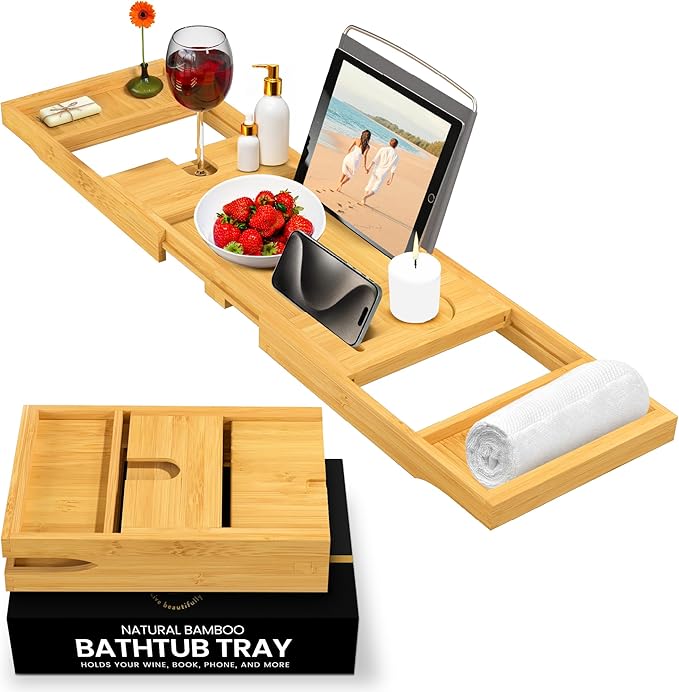 An image of the expandable bath tub tray caddy from Bambüsi