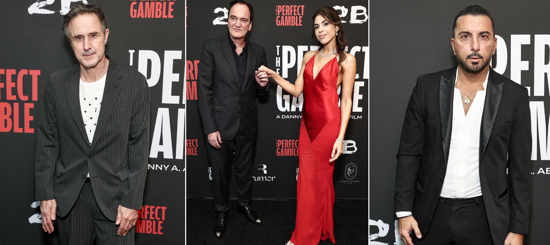 An image of The Perfect Gamble stars (l-r) David Arquette, Daniella Pick Tarantino with husband Quentin Tarantino, and Danny A. Abeckaser who also served as director attend the Official US Premiere presented by Director Danny A Abeckaser and 2B Films, with access by Rumor, which hits Amazon, Vudu and Appleplay this Friday, as well as The Vista Theatre.
