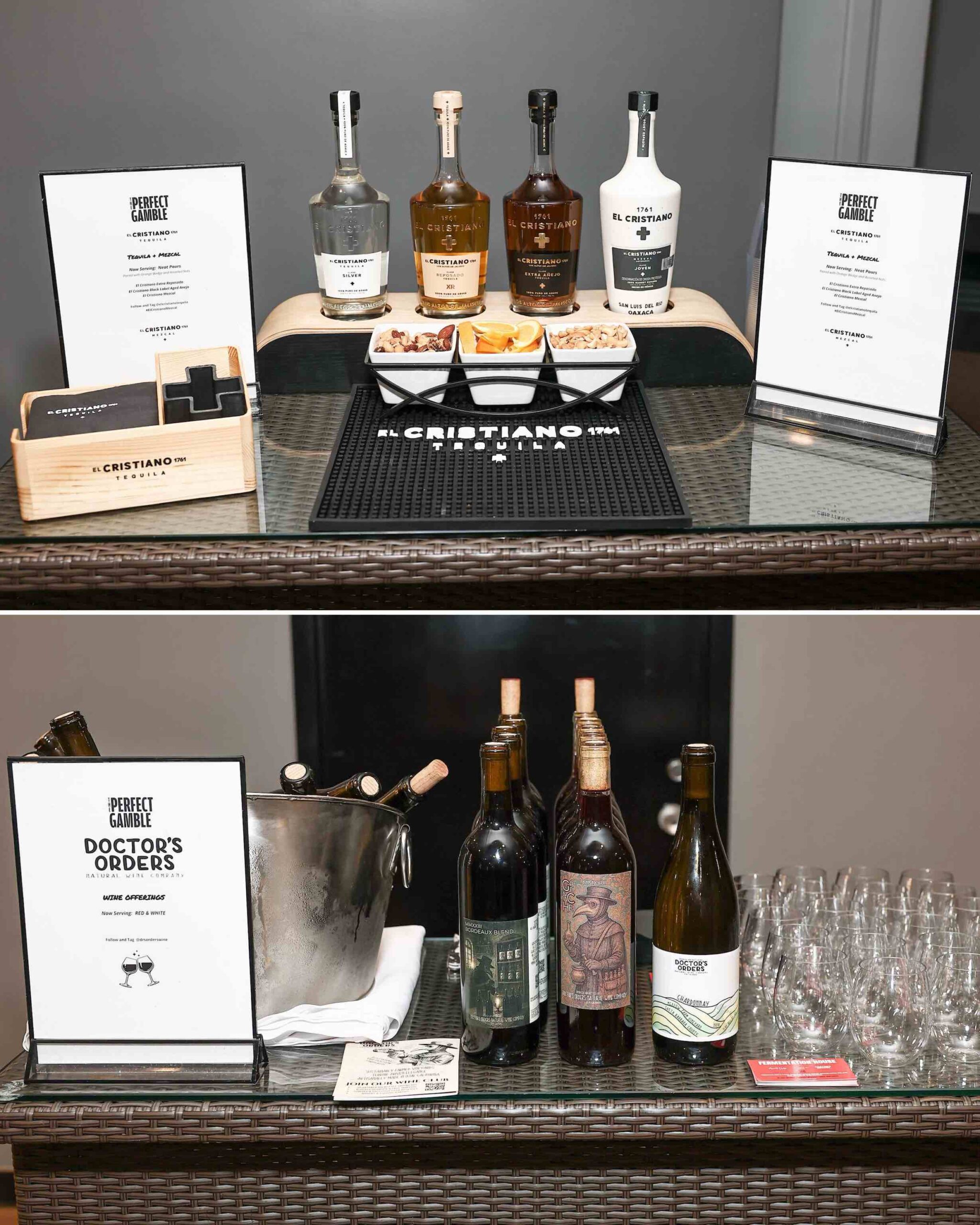 An image of El Cristiano Tequila and Mezcal tasting station and Doctors Orders Wines.