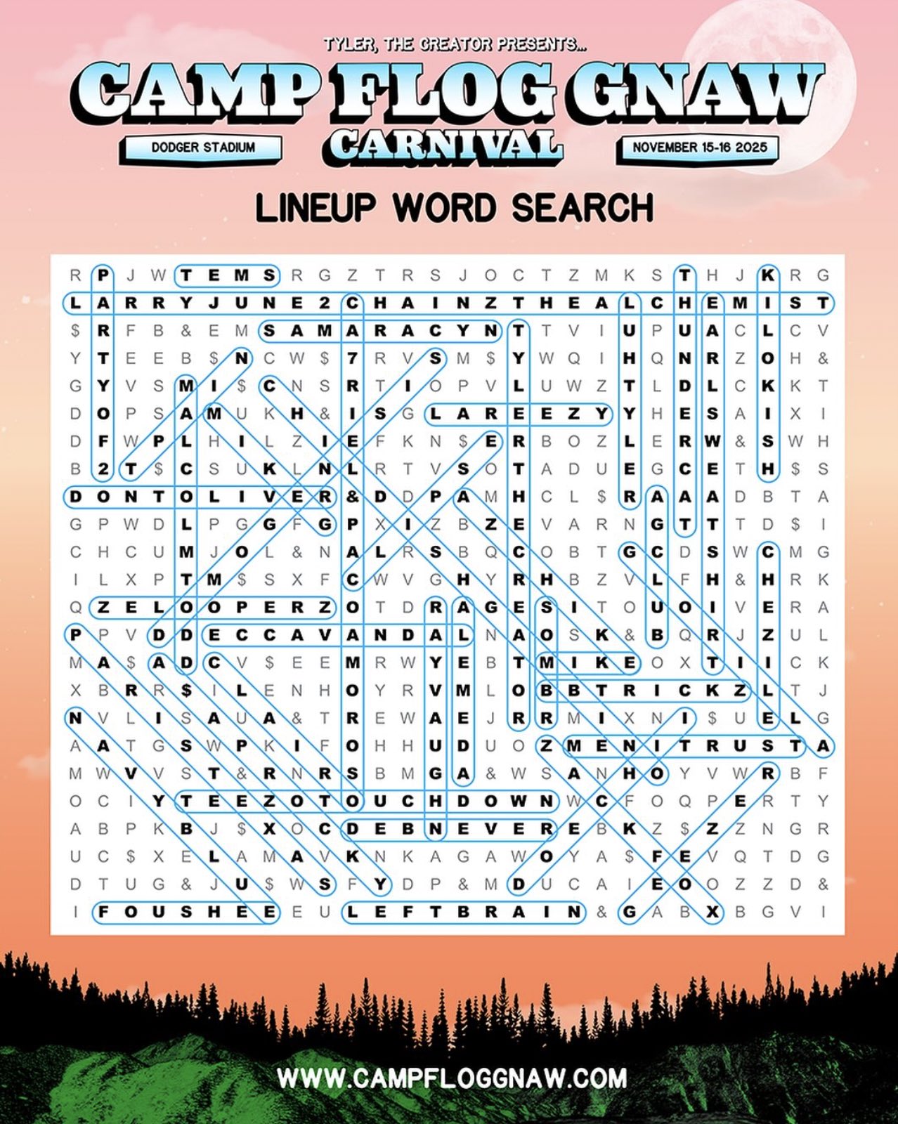 An image of the flyer for the Tyler, the Creator Presents: Camp Flog Gnaw Carnival 